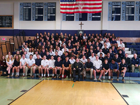 Bishop O'Connell visits with student-athletes from Notre Dame High School